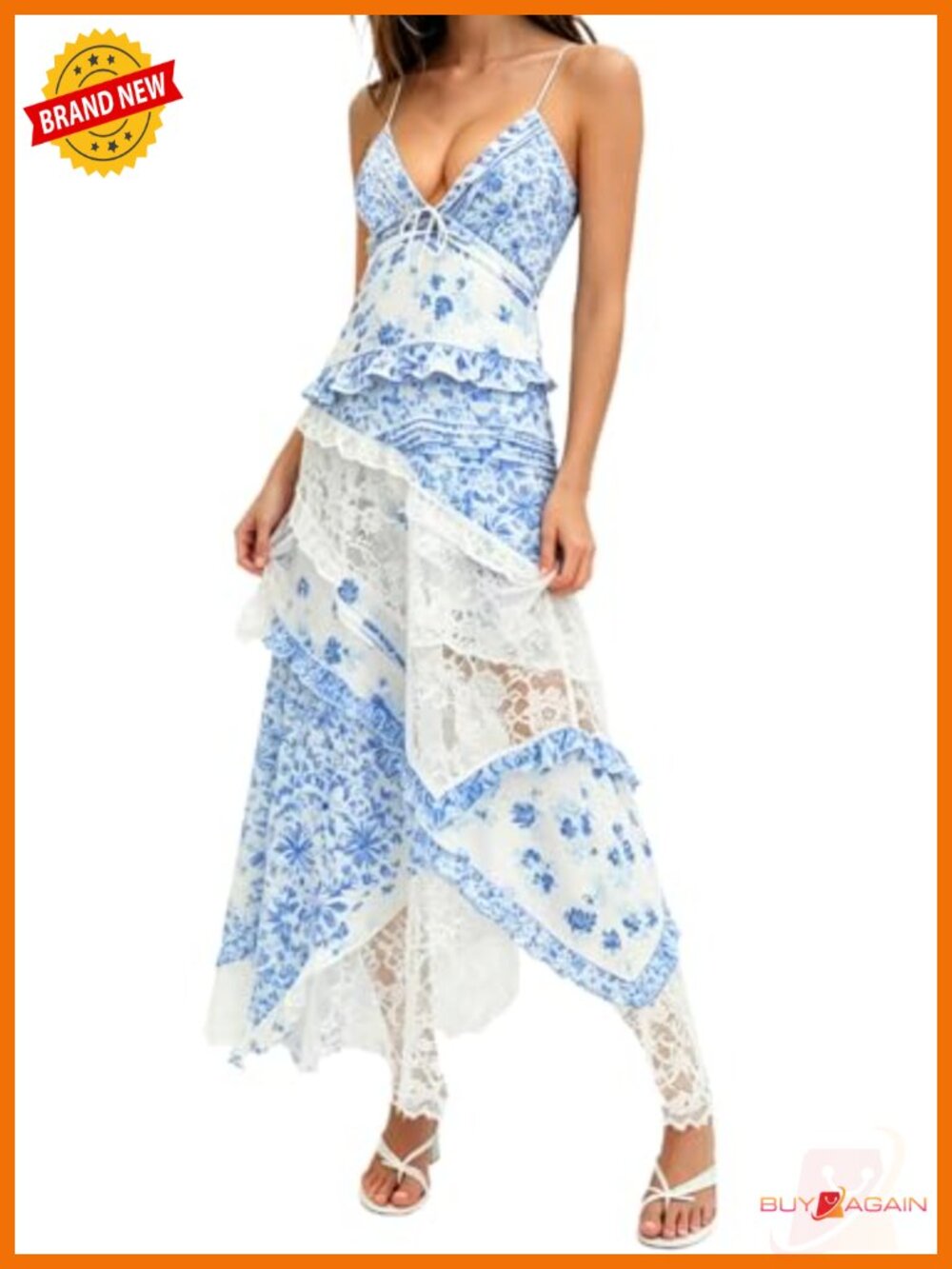 Women's Floral Lace Maxi Dress Spaghetti Strap Backless Ruffle
